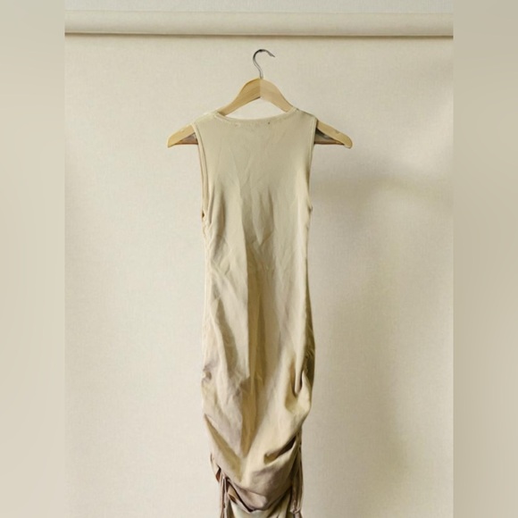 Lioness Military Minds Mini Dress in a camel color with ruched sides - Picture 15 of 16